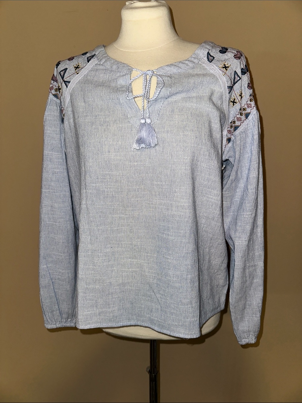 Lucky Brand Light Blue Embroidered Peasant Top